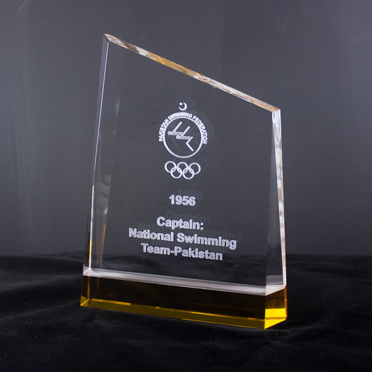 Laser Engraved Customized Crystal Award with yellow shade Glass Glass Plaque
